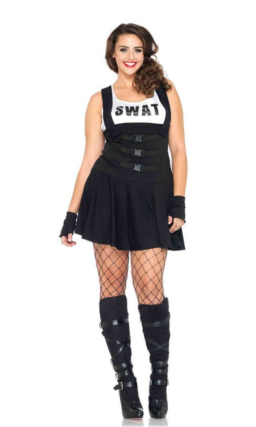 Black and white swat dress with buckles and fingerless gloves