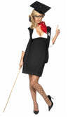School mistress black and white dress with vest, red scarf and glasses
