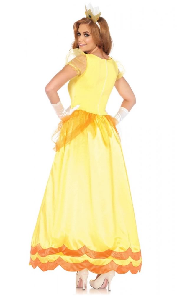 Back of long yellow Sunflower Princess costume with crown headband