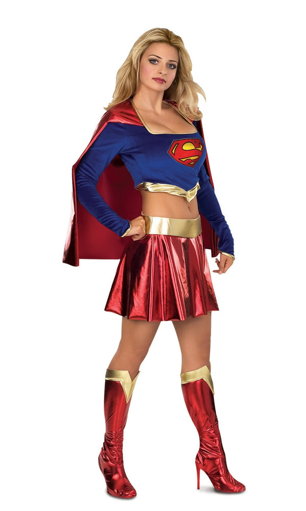 Short red and blue Supergirl costume with cape, belt and boot tops