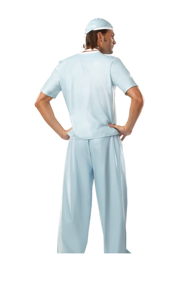 Back of pale blue surgeon costume with cap, mask and stethoscope