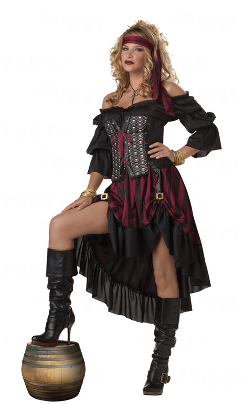 Black and burgundy pirate dress with headband and corset belt