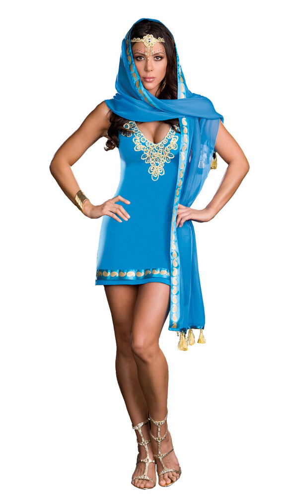 Alternate view of short Indian dress in blue with headscarf and bangles