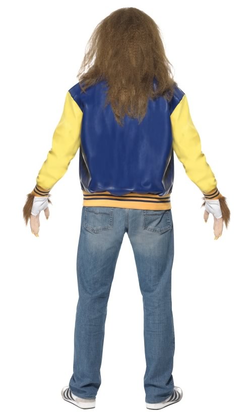 Back of Teen Wolf blue and yellow jacket and singlet, with wig, beard and gloves