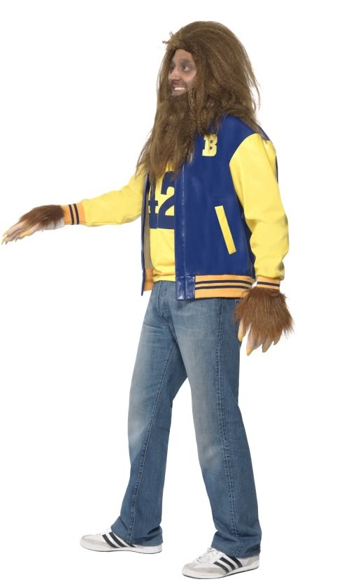 Side of Teen Wolf blue and yellow jacket and singlet, with wig, beard and gloves