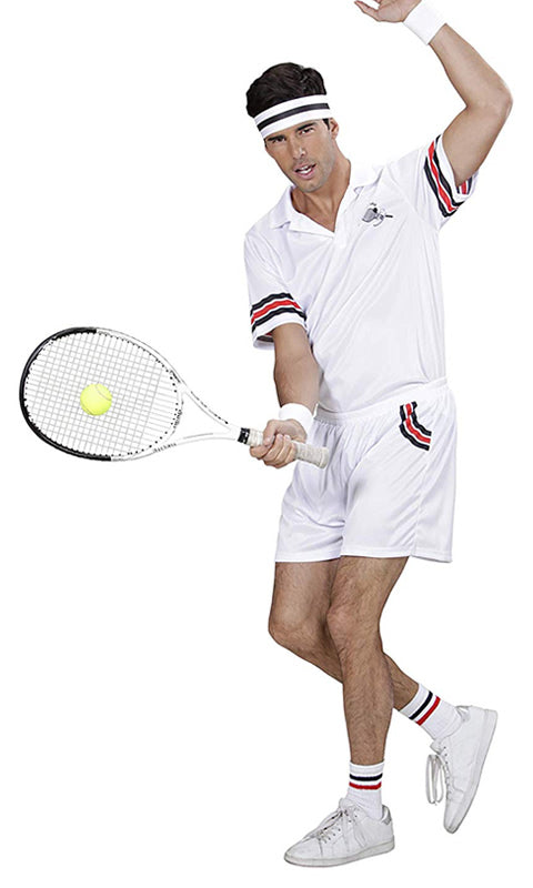 Tennis player costume with headband and sweatbands, hitting ball
