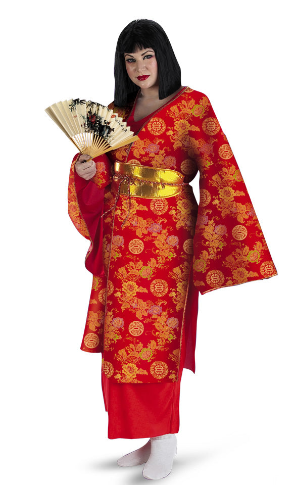 Red geisha kimono with fan and black wig