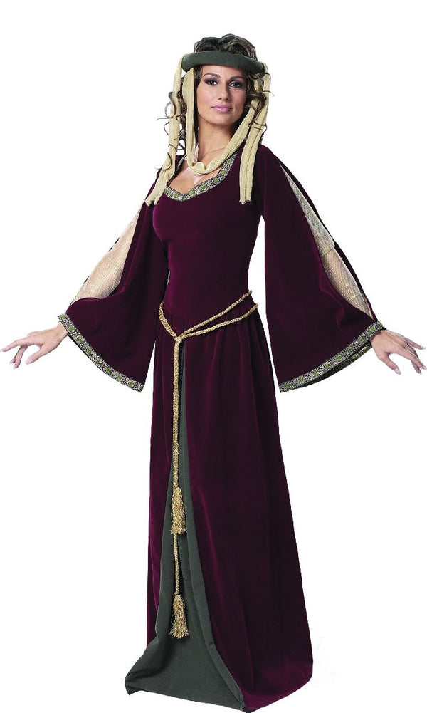 Maid Marian long burgundy dress with headpiece and rope belt