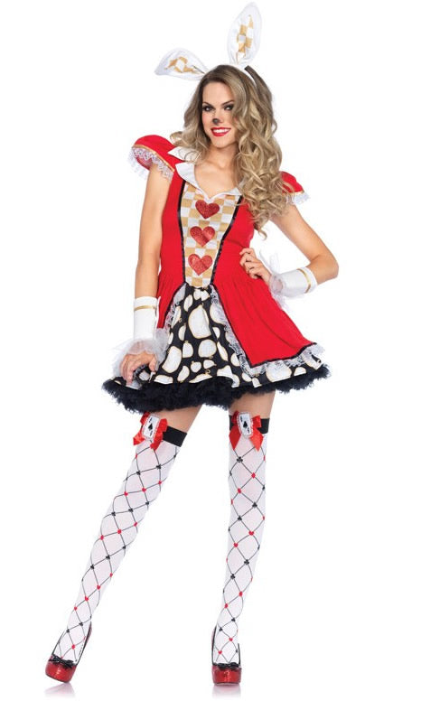 A woman in a red and black short white rabbit costume from Alice in Wonderland
