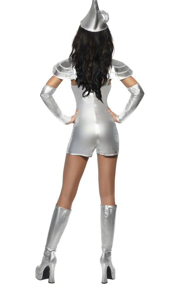 Back of silver Tin Woman jumpsuit with choker, gloves and hat
