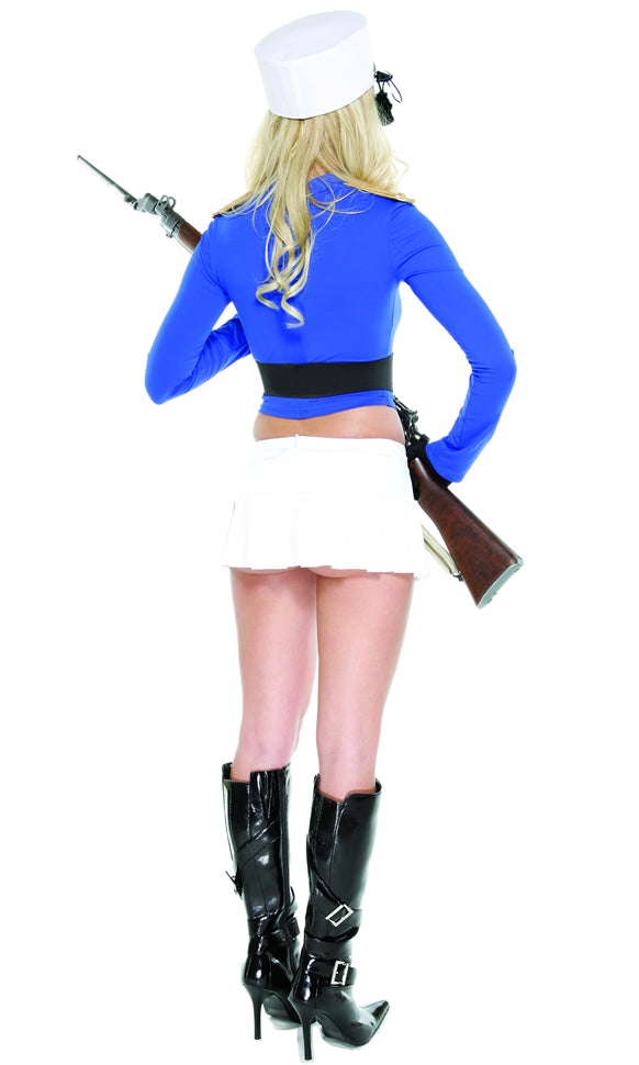 Back of woman's short blue toy soldier costume with hat, gloves and belt