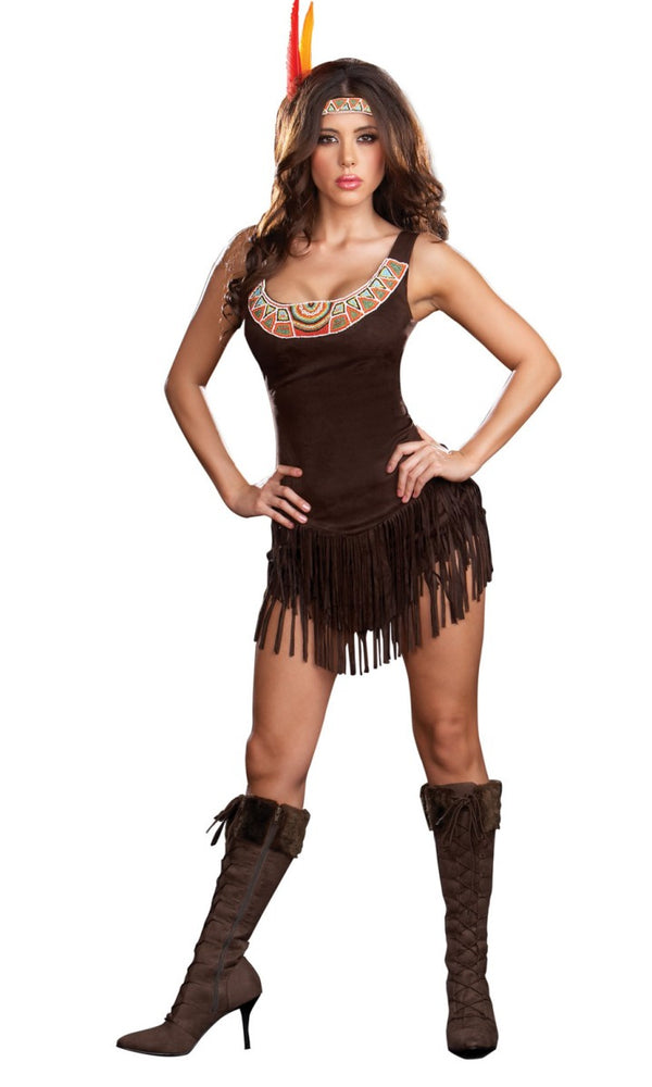 Short brown Native Indian dress with tassels, and feather headband