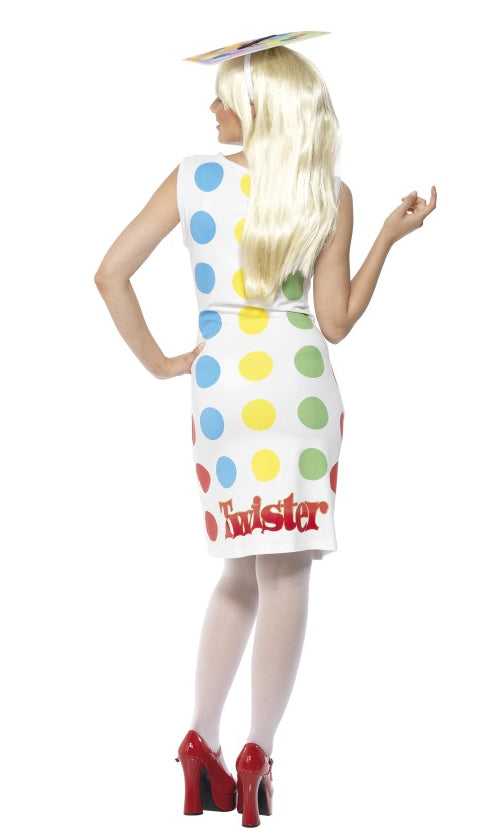 Back of twister game dress, with spin board headpiece