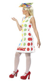 Side of twister game dress, with spin board headpiece