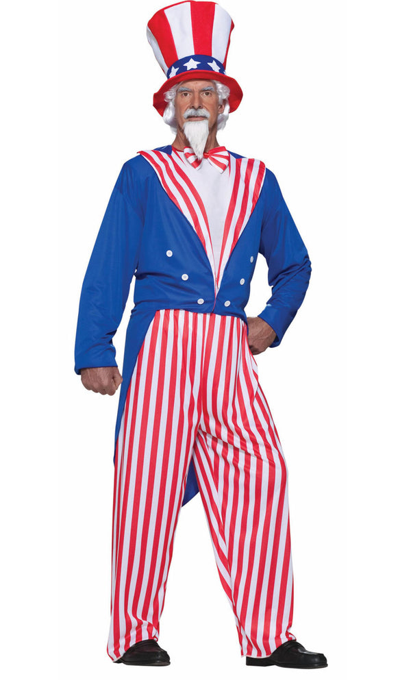 Uncle Sam red and blue American costume with striped pants, blue jacket and top hat
