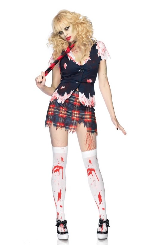 Zombie schoolgirl dress, vest, shirt and tie