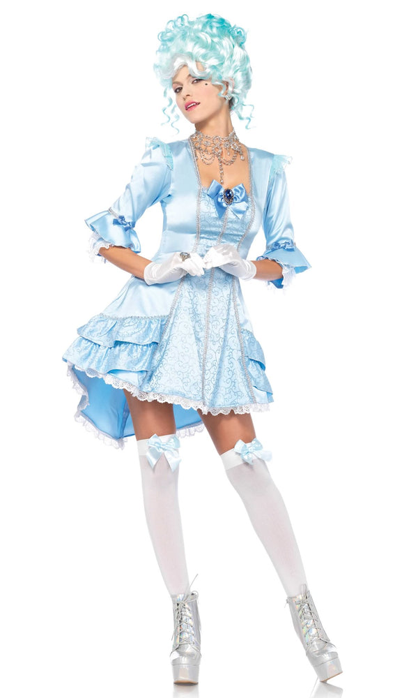 Short blue rococo style dress with bow and gem