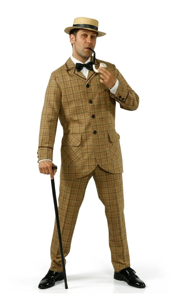 Man in a vintage suit with a hat, bow tie, and cane