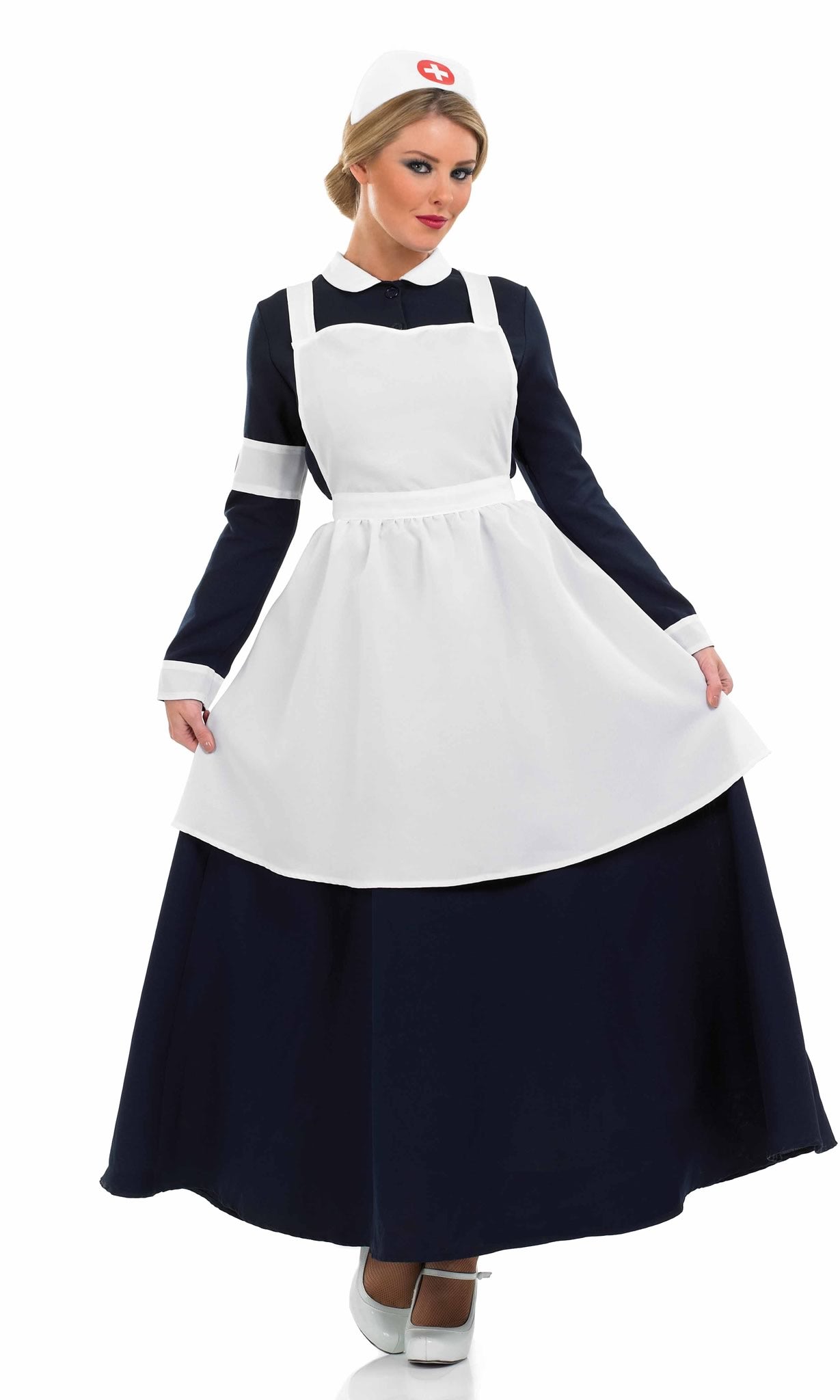 Long Victorian nurse dress with white hat and apron
