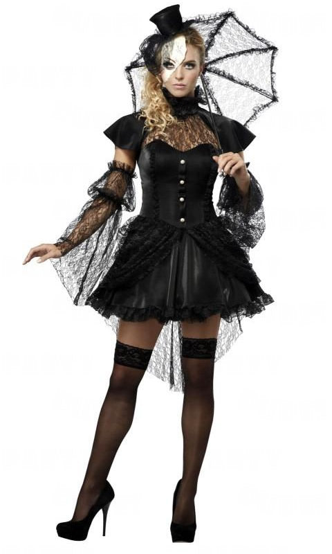 Black Victorian dress with half mask, hat, and parasol