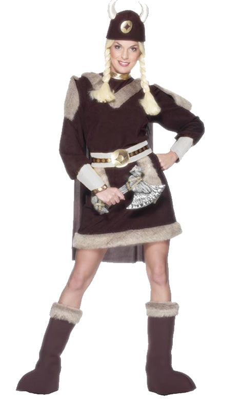 Short brown Viking woman costume with hat, boot covers, belt and cape