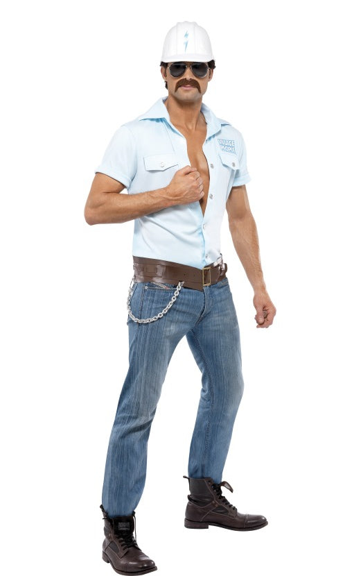 YMCA construction worker shirt with belt and white hat