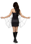Back of short black spider dress with motif on front and webbing cape