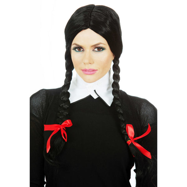 Long black woman's wig with 2 plaits and red ribbons