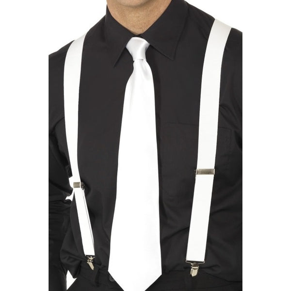 White braces with metallic clips shown with a white tie