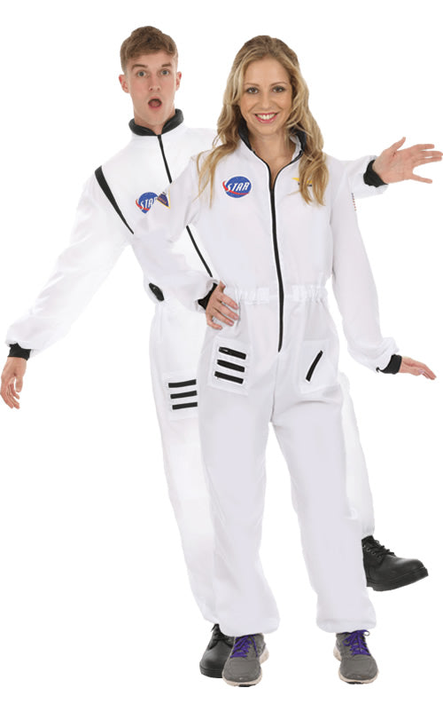 Woman's white astronaut jumpsuit next to matching partner