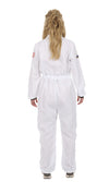 Back of woman's white astronaut jumpsuit