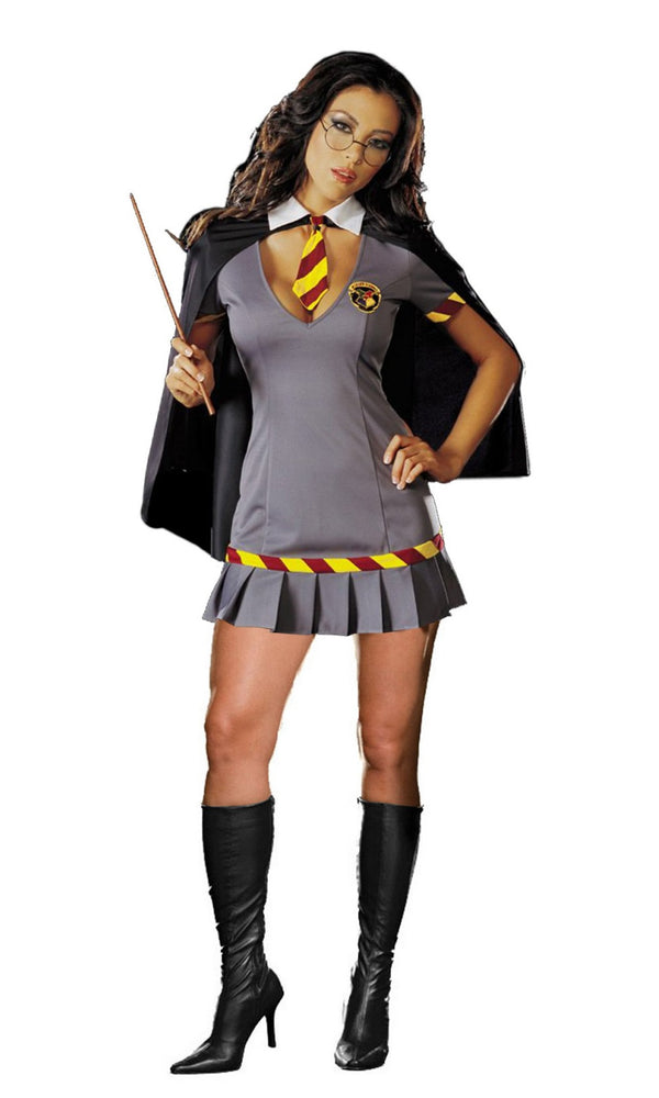 Short Grey woman's Harry Potter style dress with cape and tie