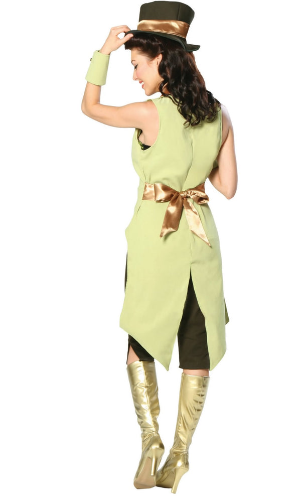 Back of woman's Wizard of Oz green costume with top hat and boot covers