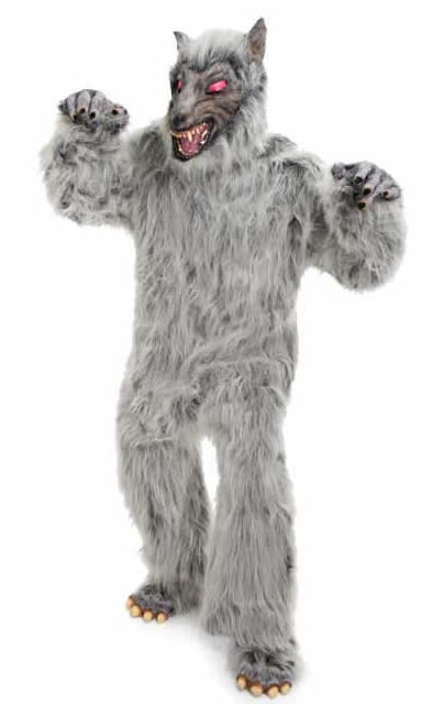 A full size werewolf costume with paws and head piece with red eyes and sharp teeth