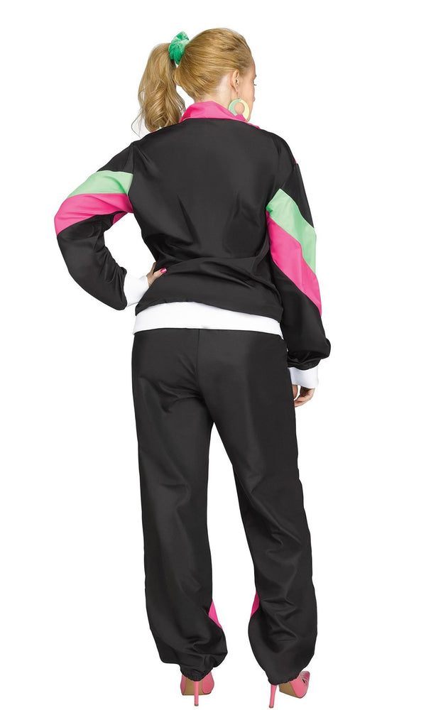 Back of women's shell suit in pink, black and green
