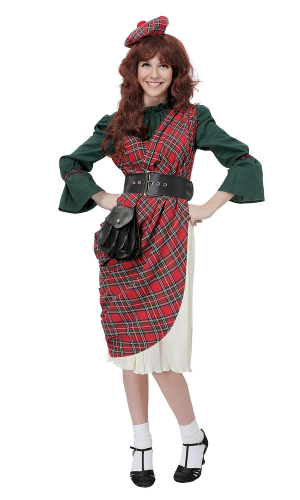 Long red and green Scottish woman's costume with re hat and belt with pouch
