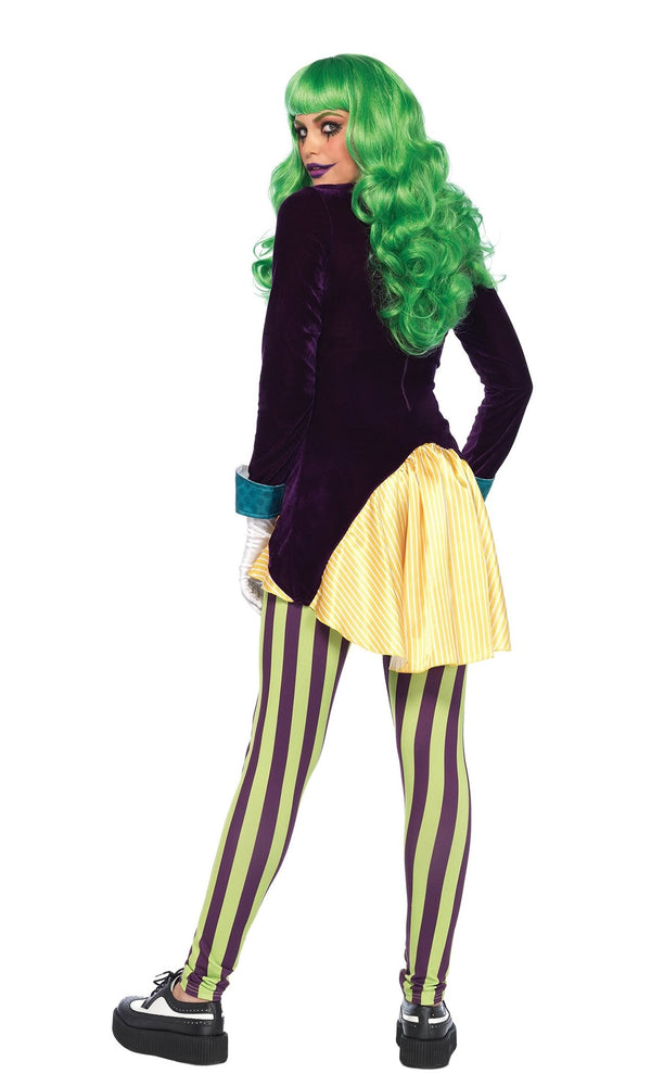 Back of women's Joker costume with striped pants, purple jacket and vest shirt combo