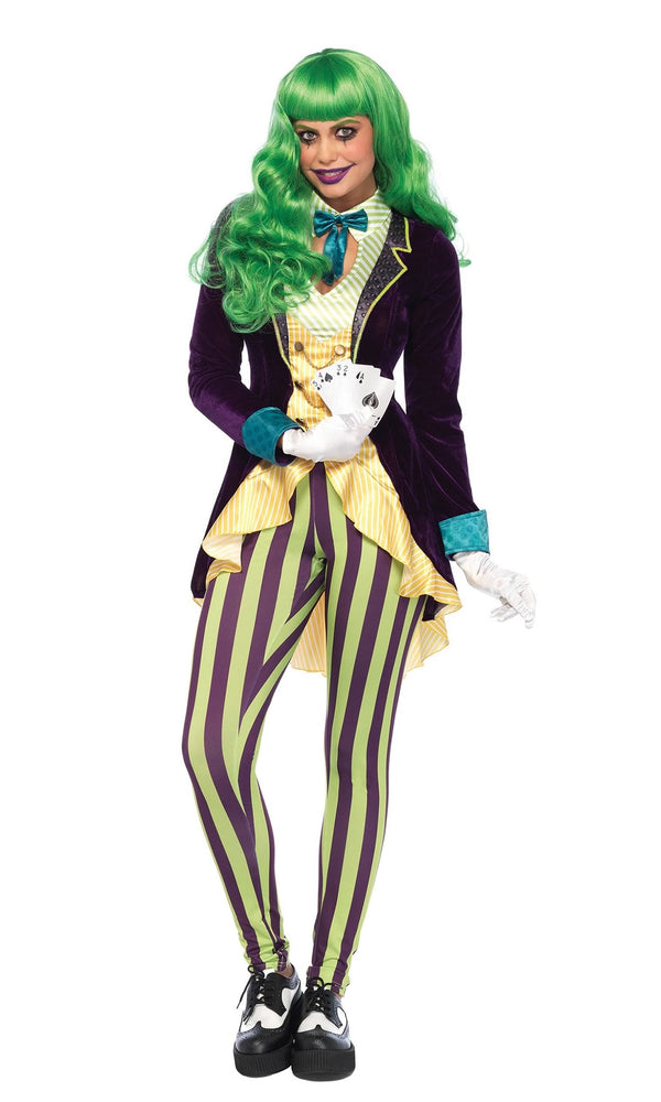 Women's Joker costume with striped pants, purple jacket and vest shirt combo