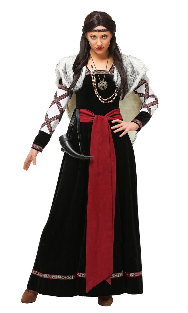 Long black Viking dress with fur cape and long red belt
