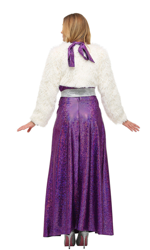 Back of purple disco dress with fur shrug and belt