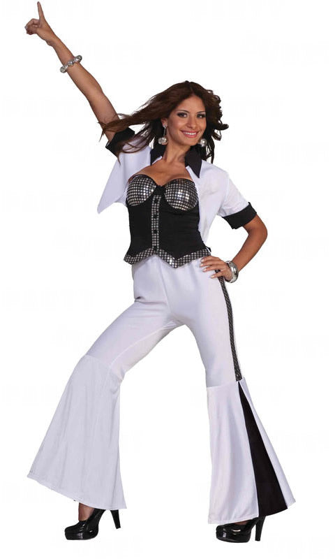 Woman's white disco suit with jacket, silver and black top and flared pants