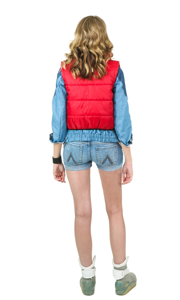 Back of woman's Marty McFly costume with vest, top, shirt and jacket