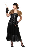 Long black flapper dress with silver pattern, fur capelet, waist sash, black flower headband and gloves