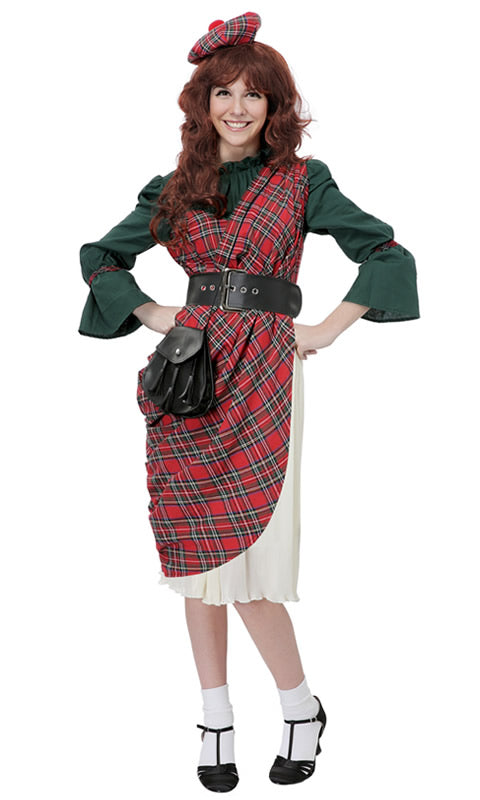 Long red and green Scottish woman's costume with re hat and belt with pouch