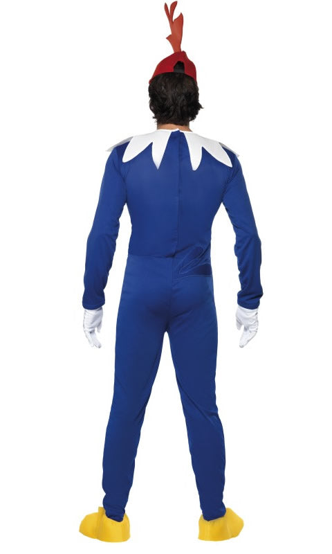 Back of Woody Woodpecker blue jumpsuit with headpiece, shoe covers and gloves