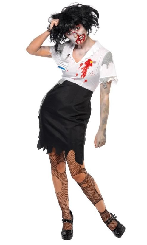 Zombie office lady costume with latex pencil stab and name badge