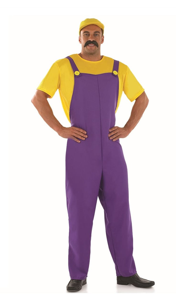 Mario style plumber costume with yellow top, purple dungarees and cap