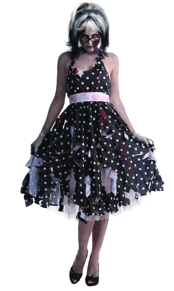 Long block polka dot 50s style Halloween zombie dress with belt and crinoline