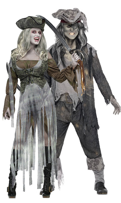 Woman's zombie pirate dress with hat next to male pirate zombie